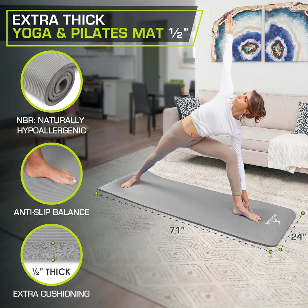 ProsourceFit Extra Thick Yoga and Pilates Mat 1/2" Grey, 1/2" Grey