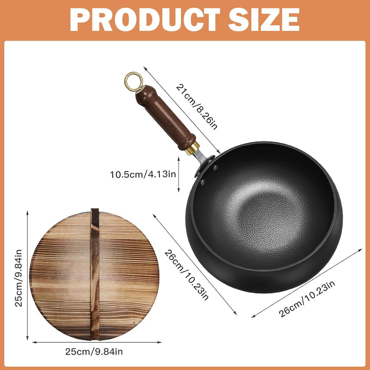 Japanische Eisenpfanne mit Holzdeckel, 24cm Natürlich Antihaft & Ohne Chemische Beschichtung Iron Pa