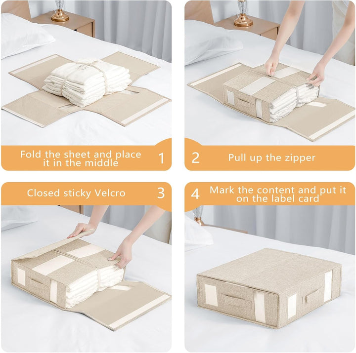 2er-Pack Faltbare Bettlaken Organizer mit klarem Fenster und verbessertem Griff, Beige Leinen Schran