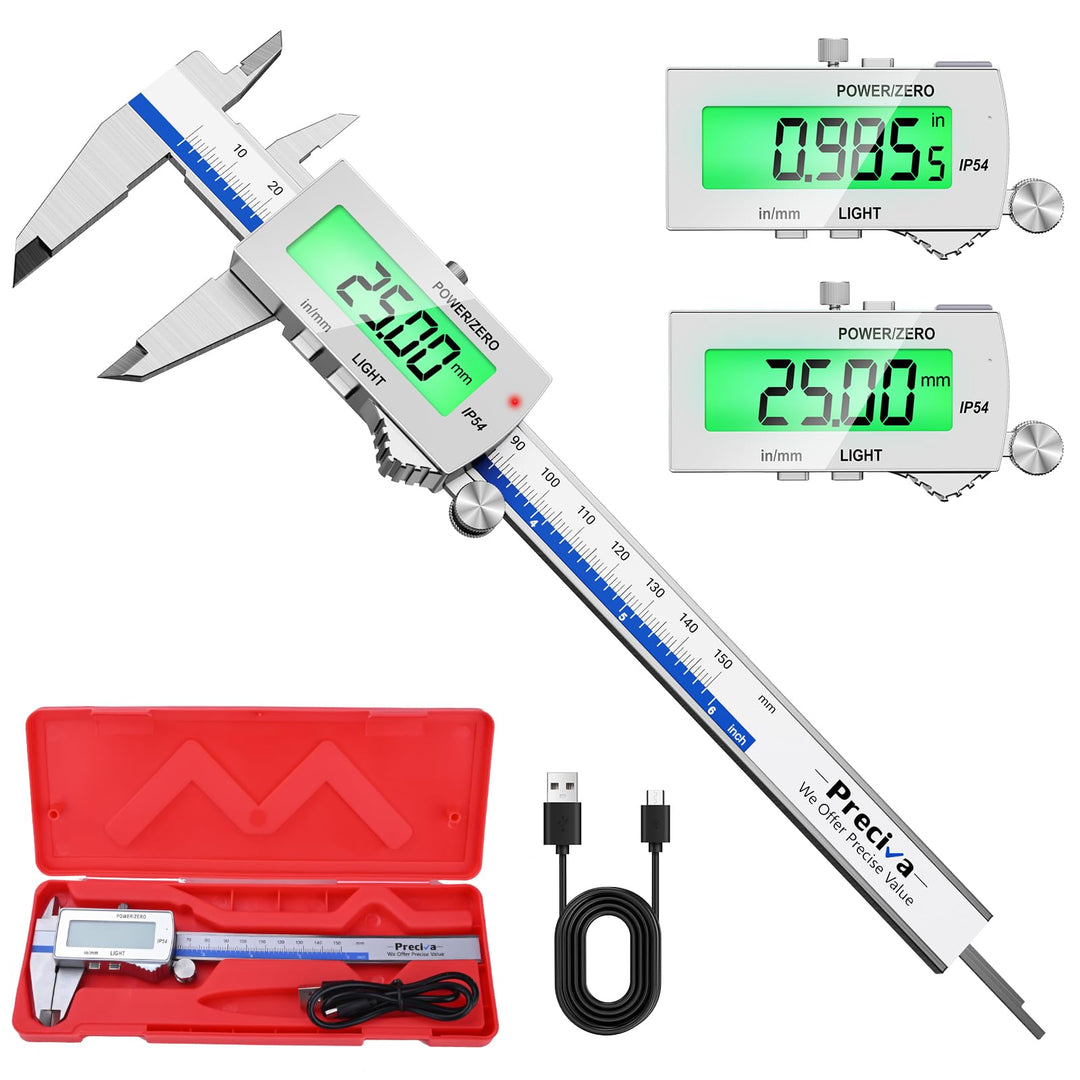 Preciva Digitaler Messschieber (wiederaufladbar),150 mm Schieblehre Digital Edelstahl, elektronische