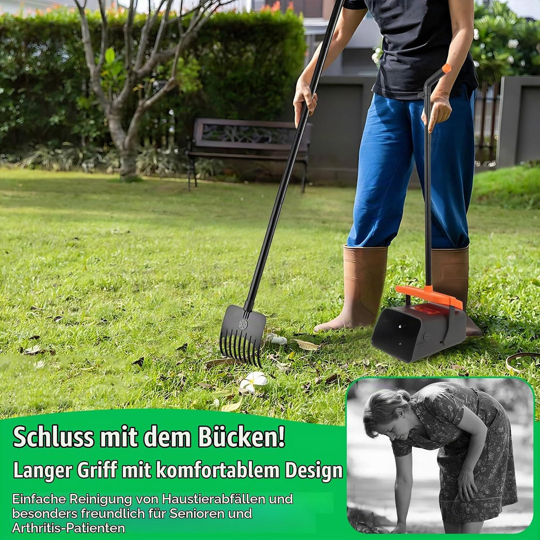LPQKCcY Hundekotsammler, 104cm Hundekotschaufel Behälter &amp; 117cm Rechen mit Abfallbeuteln, Langer Gr