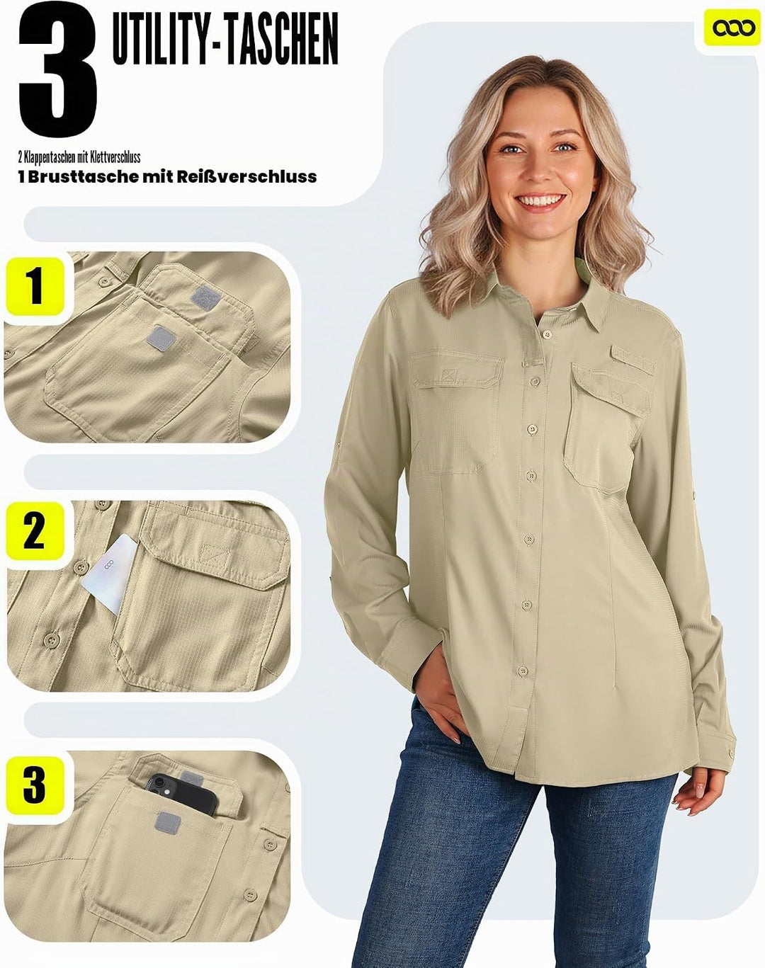 33,000ft Hemdbluse Damen UPF50 UV Schutz Hemd Schnelltrocknende Button-Down Shirts Atmungsaktive Wan