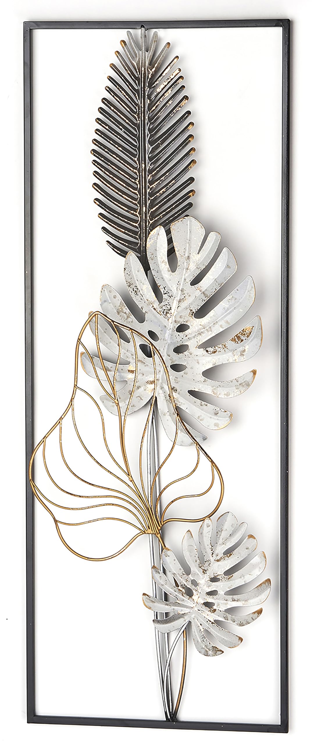 Kobolo Wandbild Monstera, 29x74x3 cm, Metall, schwarz-gold-weiss, modernes Metallbild, stilvolle Wan