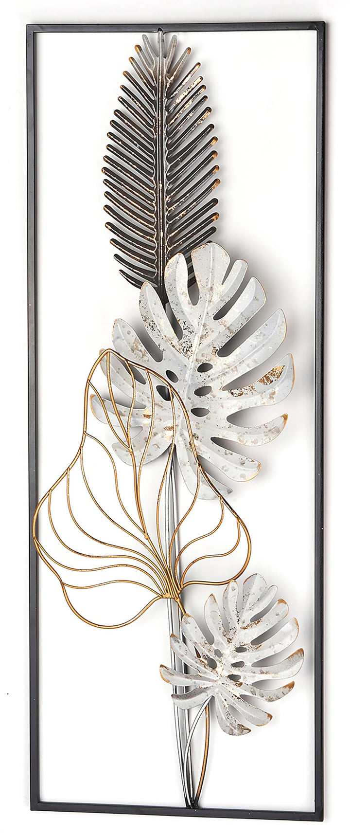 Kobolo Wandbild Monstera, 29x74x3 cm, Metall, schwarz-gold-weiss, modernes Metallbild, stilvolle Wan