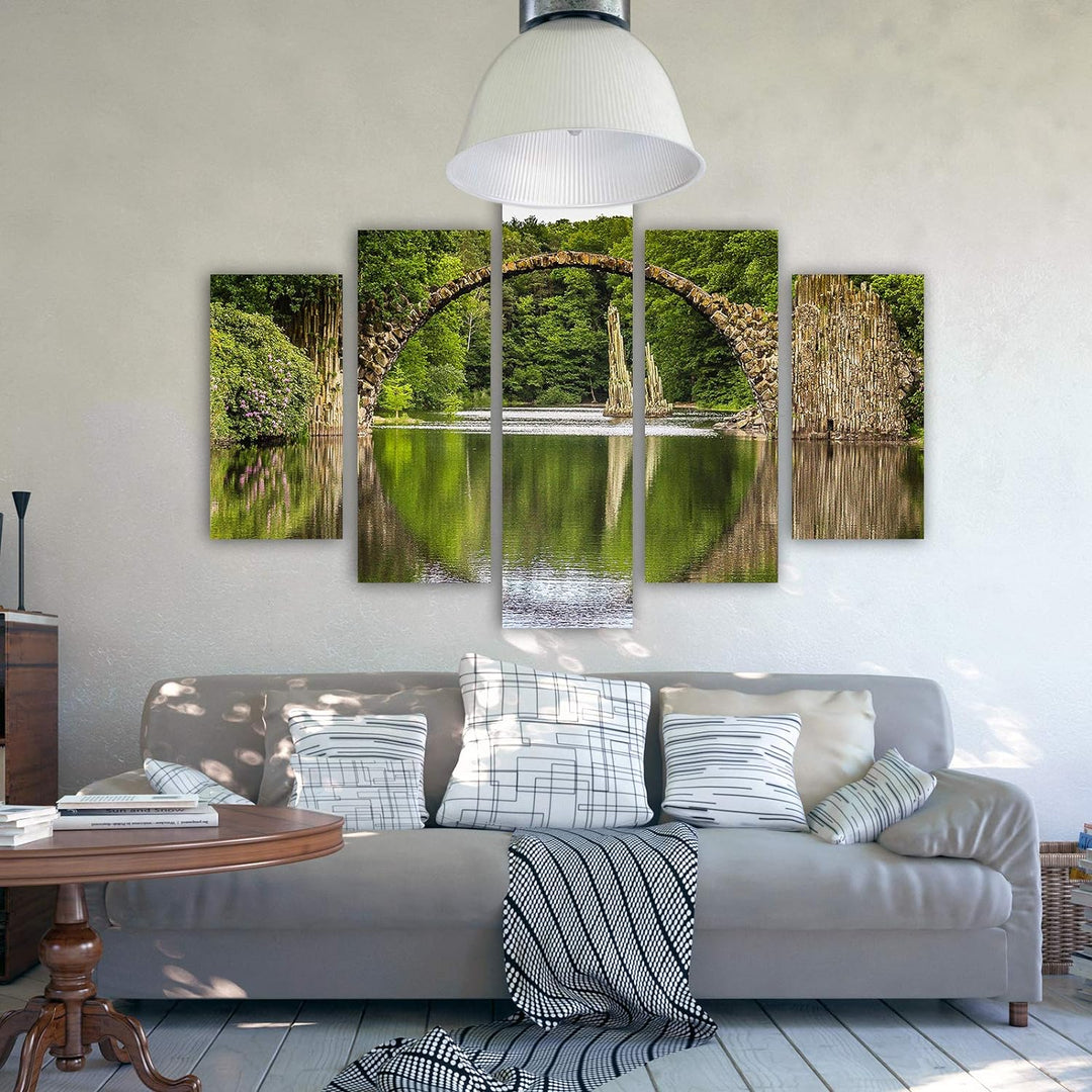 Feeby Leinwandbild 5 Teilig Landschaft Bild Wanddeko Brücke Wasser Wald grün 200x100 cm Leinwandbild