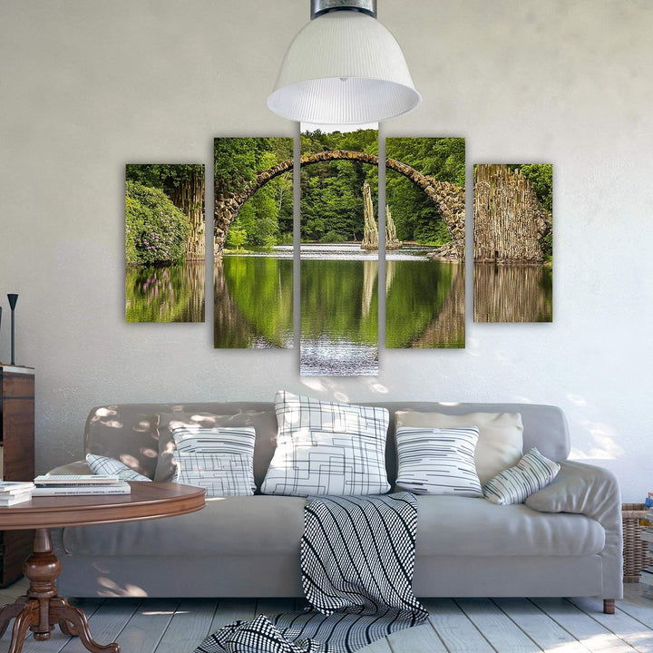 Feeby Leinwandbild 5 Teilig Landschaft Bild Wanddeko Brücke Wasser Wald grün 200x100 cm Leinwandbild