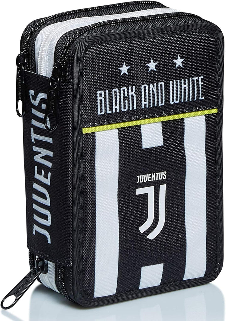 Seven Juventus Schutzhülle mit 3 Fächern, Best Match, schwarz und weiss, mit Stiften, Bleistiften, F