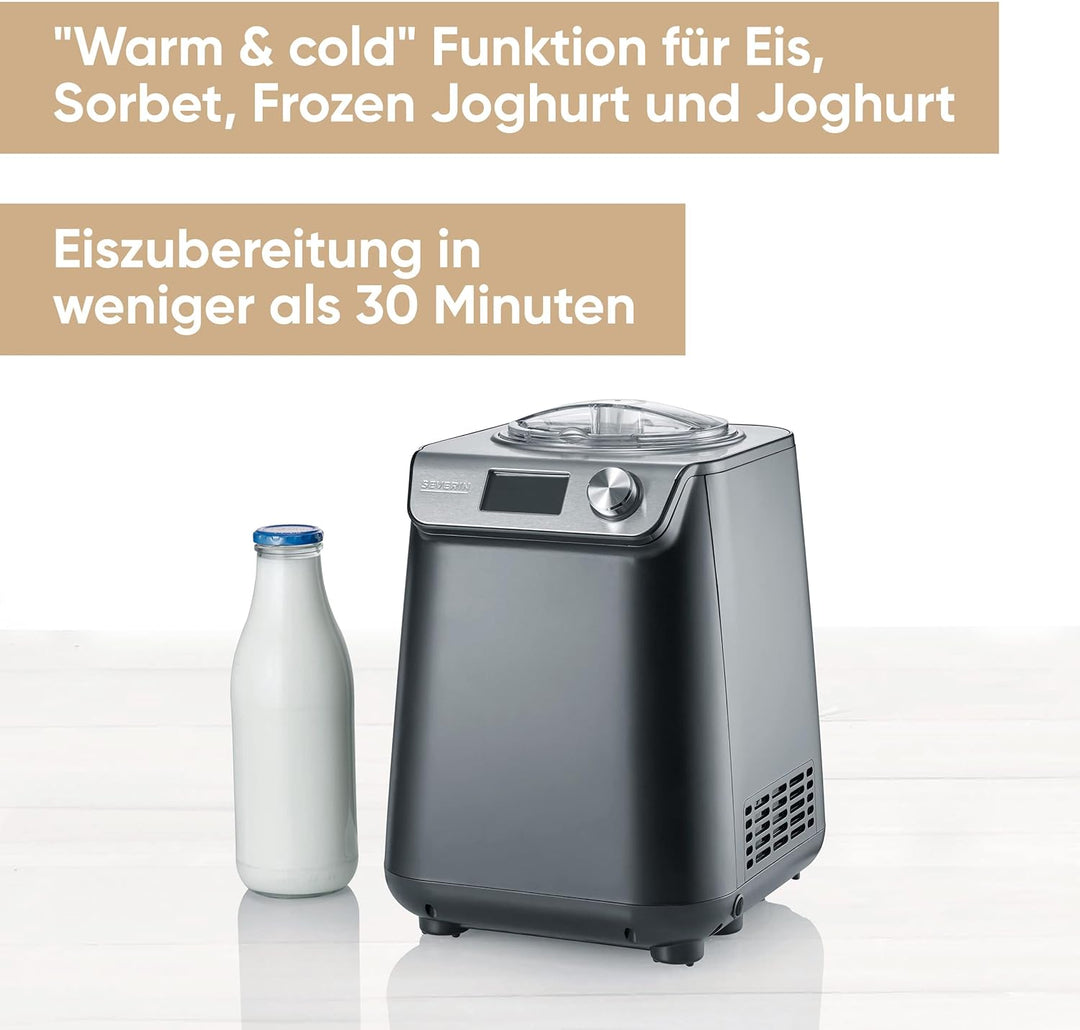 SEVERIN Kompakt Eismaschine & Joghurtbereiter, platzsparende Eismaschine mit Kompressor im Slim-Desi