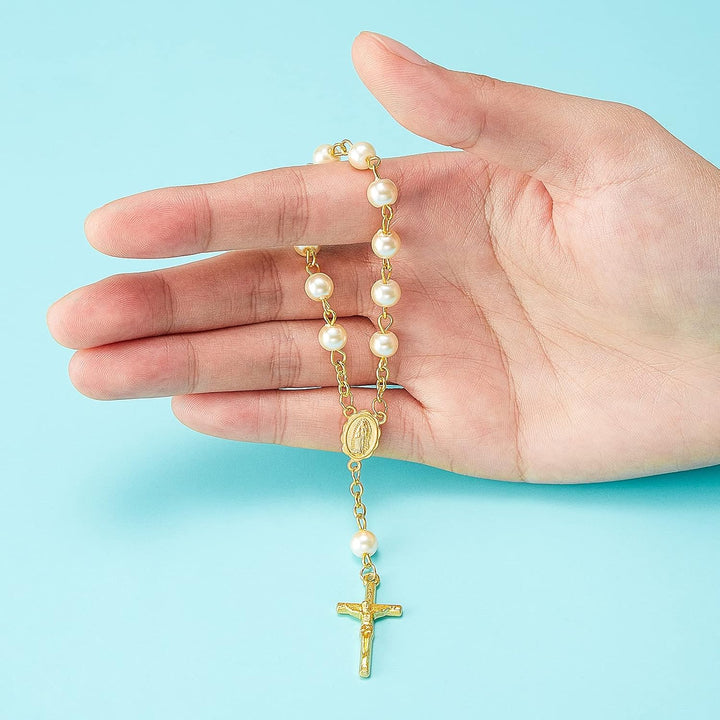 Junkin 30 Stück Taufrosenkranz Rosenkranz aus Acryl Elfenbeinfarbene Mini Fingertauf Rosenkränze Kun