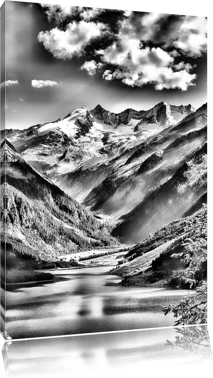 Monocrome, See an Bergen, Format: 100x70 auf Leinwand, XXL riesige Bilder fertig gerahmt mit Keilrah