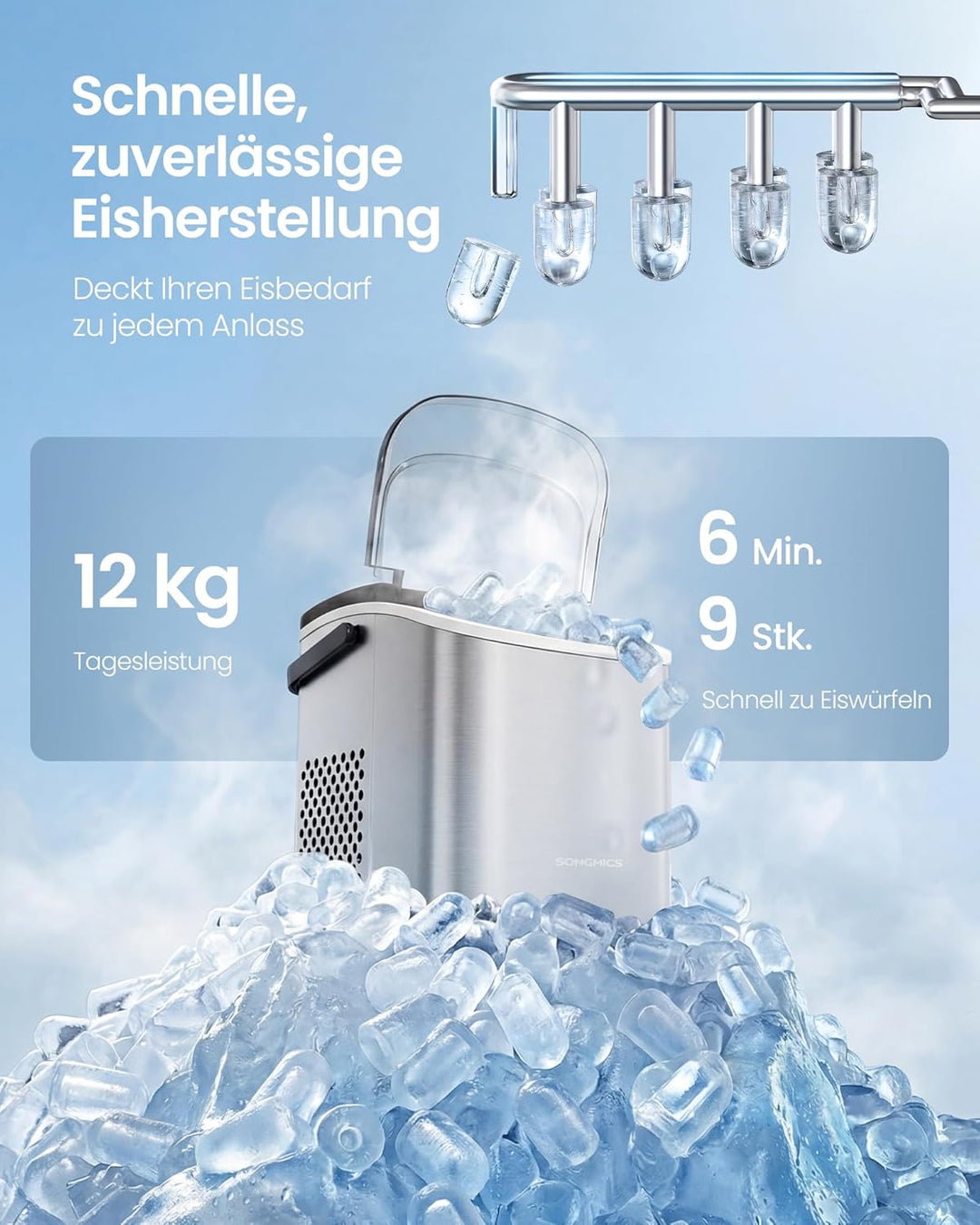 SONGMICS Eiswürfelmaschine, Eiswürfelbereiter, Eismaschine mit Selbstreinigung, in 6 Minuten 9 Würfe