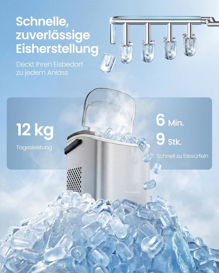 SONGMICS Eiswürfelmaschine, Eiswürfelbereiter, Eismaschine mit Selbstreinigung, in 6 Minuten 9 Würfe