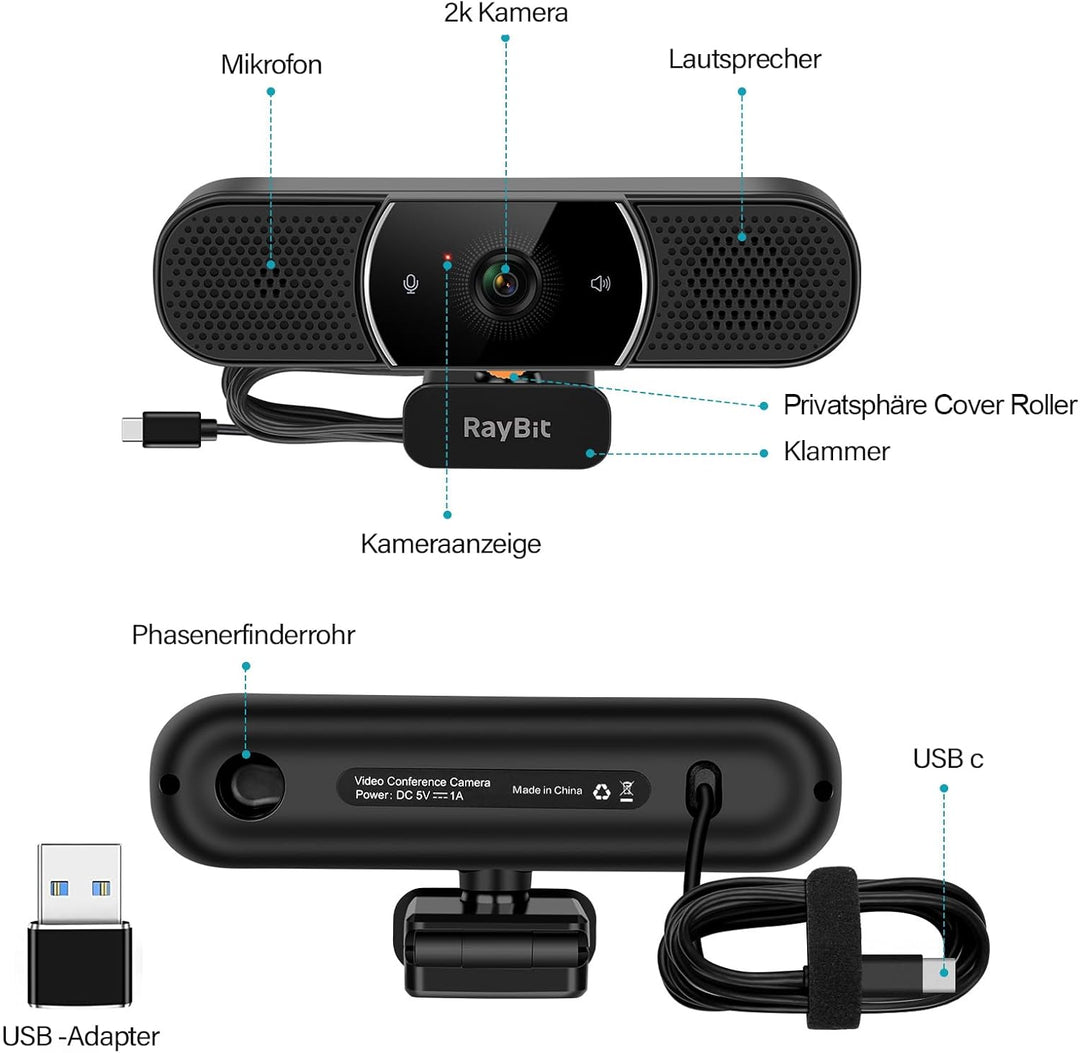 3-in-1 Webcam - 2K HD Webcam mit Mikrofon, Lautsprecher und Abdeckungen, Klarer Stereo-Sound & Belic