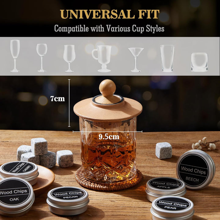 Cocktail Räucherset mit Fackel - Whiskey Smoker Kit mit 6 Holzspäne & 6 Granit Whiskey Steine - Old