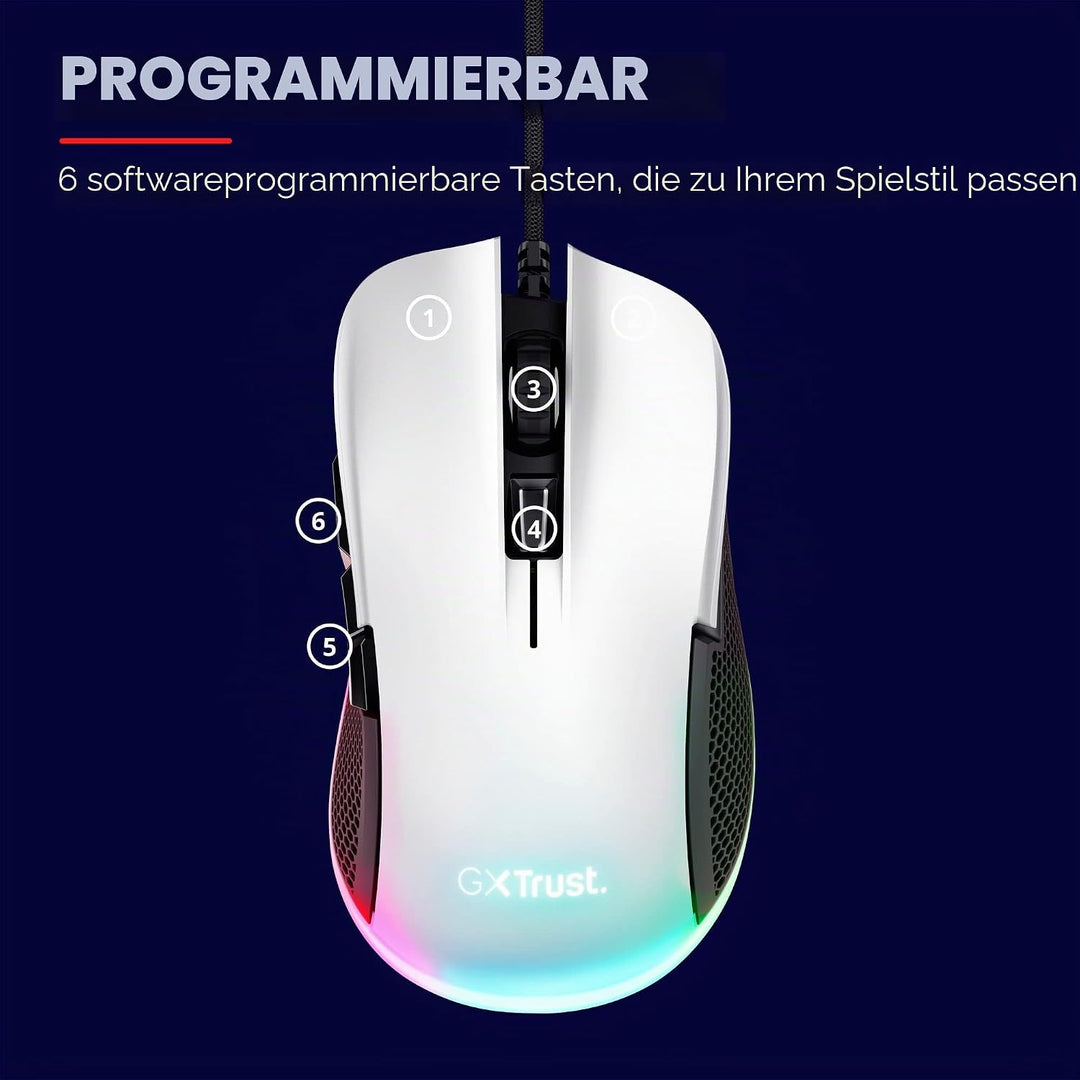 Trust Gaming GXT 922W Ybar Gaming Maus mit RGB LED-Beleuchtung, 200-7200 DPI, USB Kabel 2,1 m, Erwei