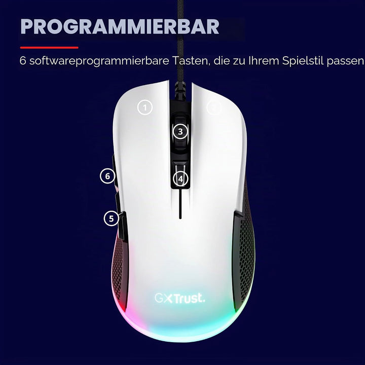 Trust Gaming GXT 922W Ybar Gaming Maus mit RGB LED-Beleuchtung, 200-7200 DPI, USB Kabel 2,1 m, Erwei