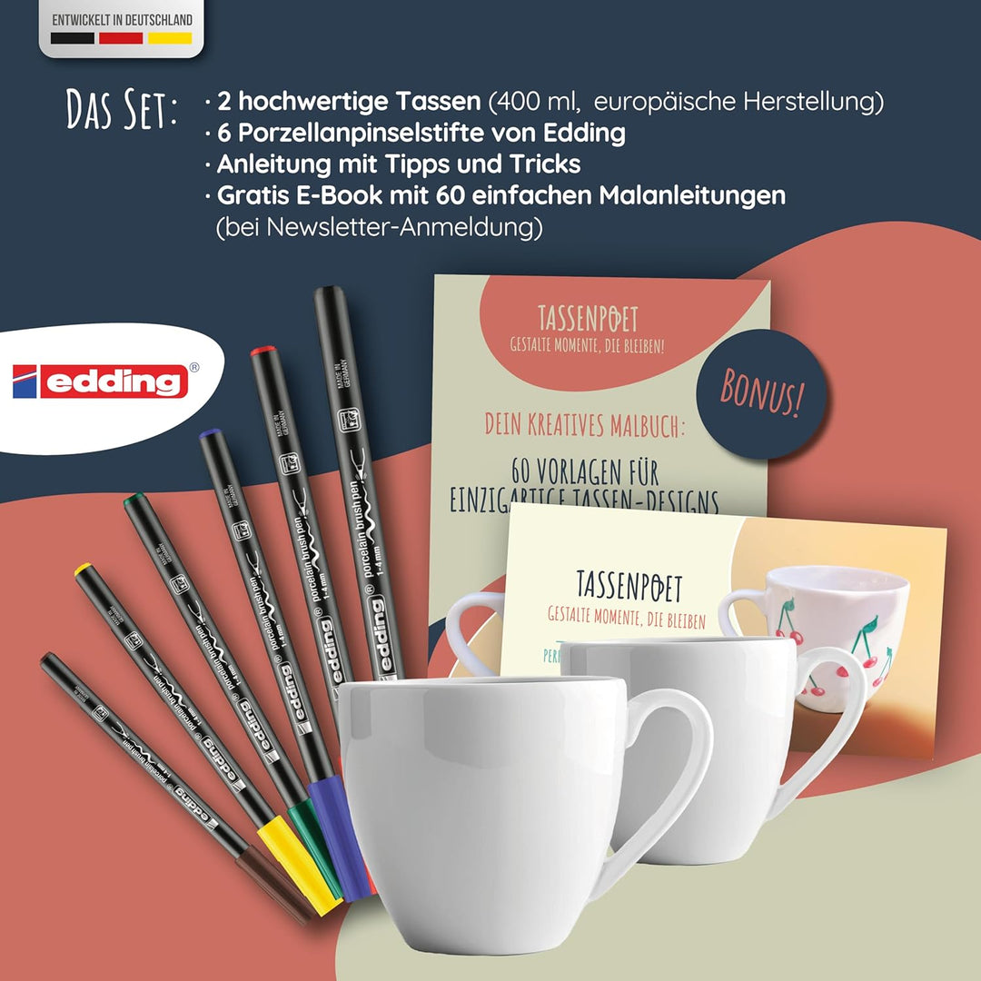 Veluxis TassenPoet Tassen-Malset mit 2 Keramik-Tassen (400 ml) & 6 edding Porzellanmalstiften inkl.
