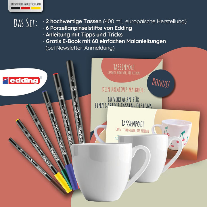 Veluxis TassenPoet Tassen-Malset mit 2 Keramik-Tassen (400 ml) & 6 edding Porzellanmalstiften inkl.