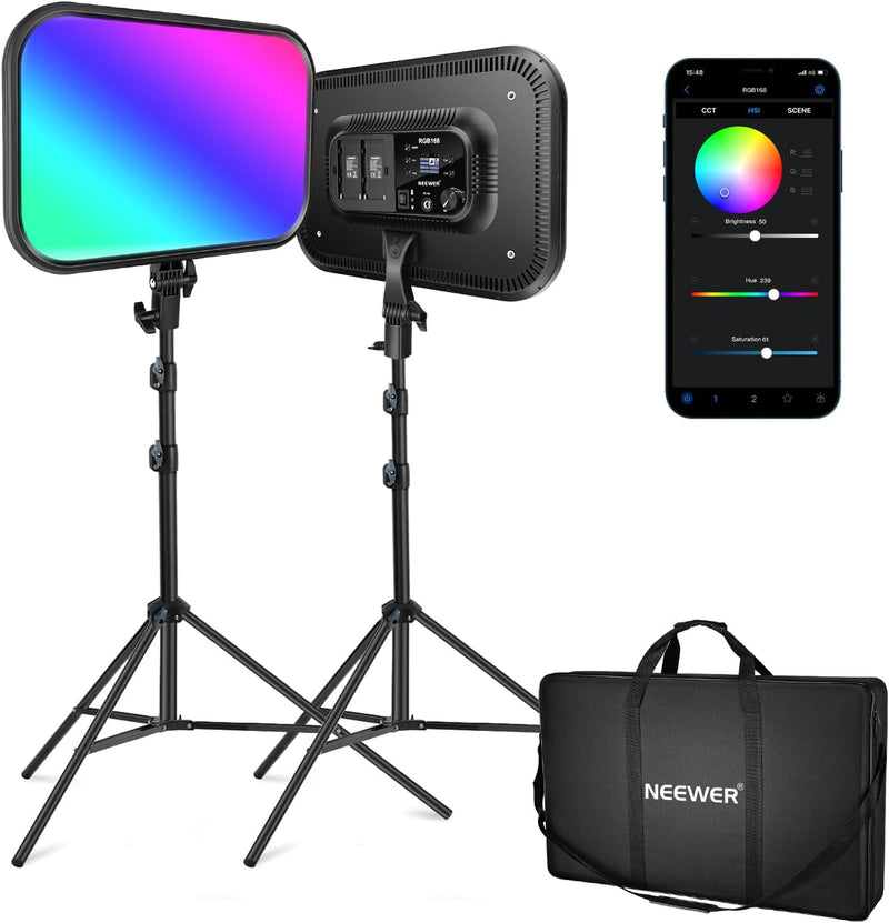 NEEWER RGB168 18,3" 60W RGB LED Videoleuchte Panel Set mit Stative Ständer App Steuerung 360°Vollfar