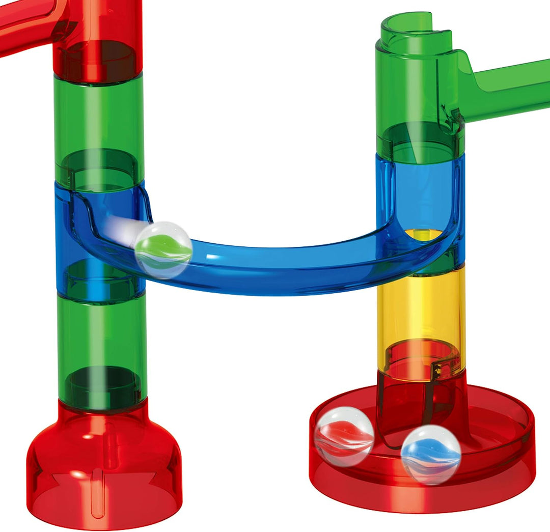 JOYIN 150 Stück Mehrfarbige Murmelbahn Marble Run Set mit 100 Bahnelementen und 50 Glasmurmeln, Kuge