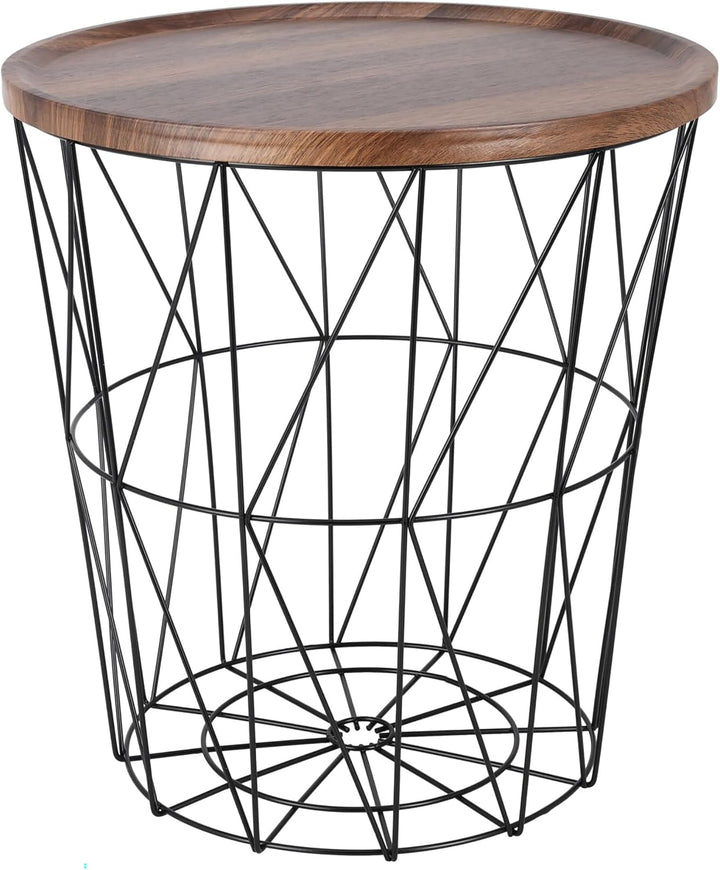 Design Beistelltisch - Metall Korb mit Holz Deckel - dekorativer Sofatisch inkl. Korbablage Schwarz