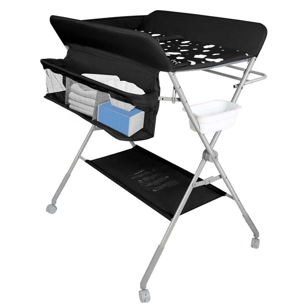 Baby Klappbarer Wickeltisch，Mobiler Wickeltisch mit Rollen und Wickelauflage,Wasserdicht und Höhenve