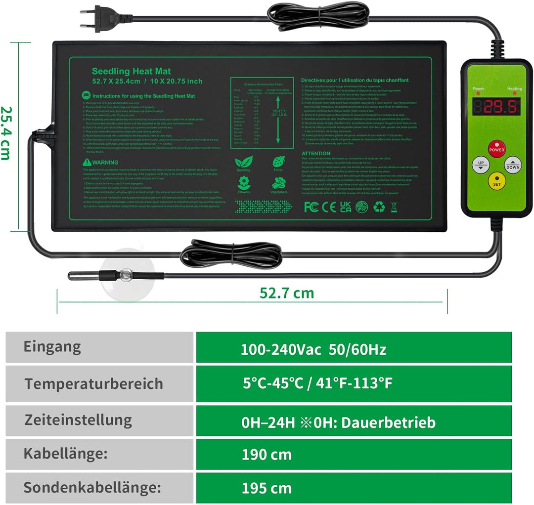 NAMOTEK Pflanzen-Wärmematte mit digitalem Thermostat & 5 Anzuchtplatten Set – Temperaturregelung für
