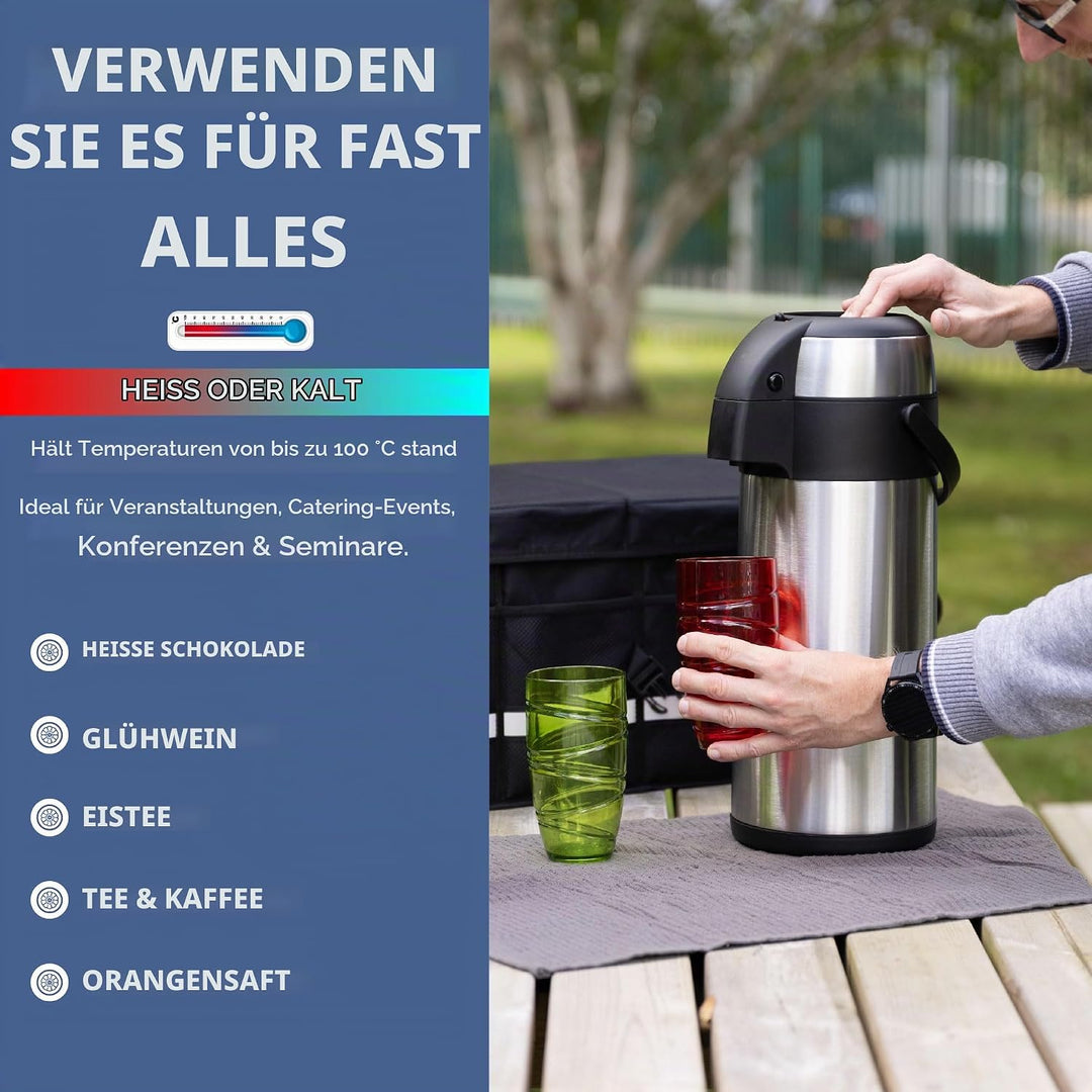 HEFTMAN Kaffeekanne Thermo 5L - Thermoskanne Edelstahl Airpot Pumpflasche | Doppelwandige Isolierung