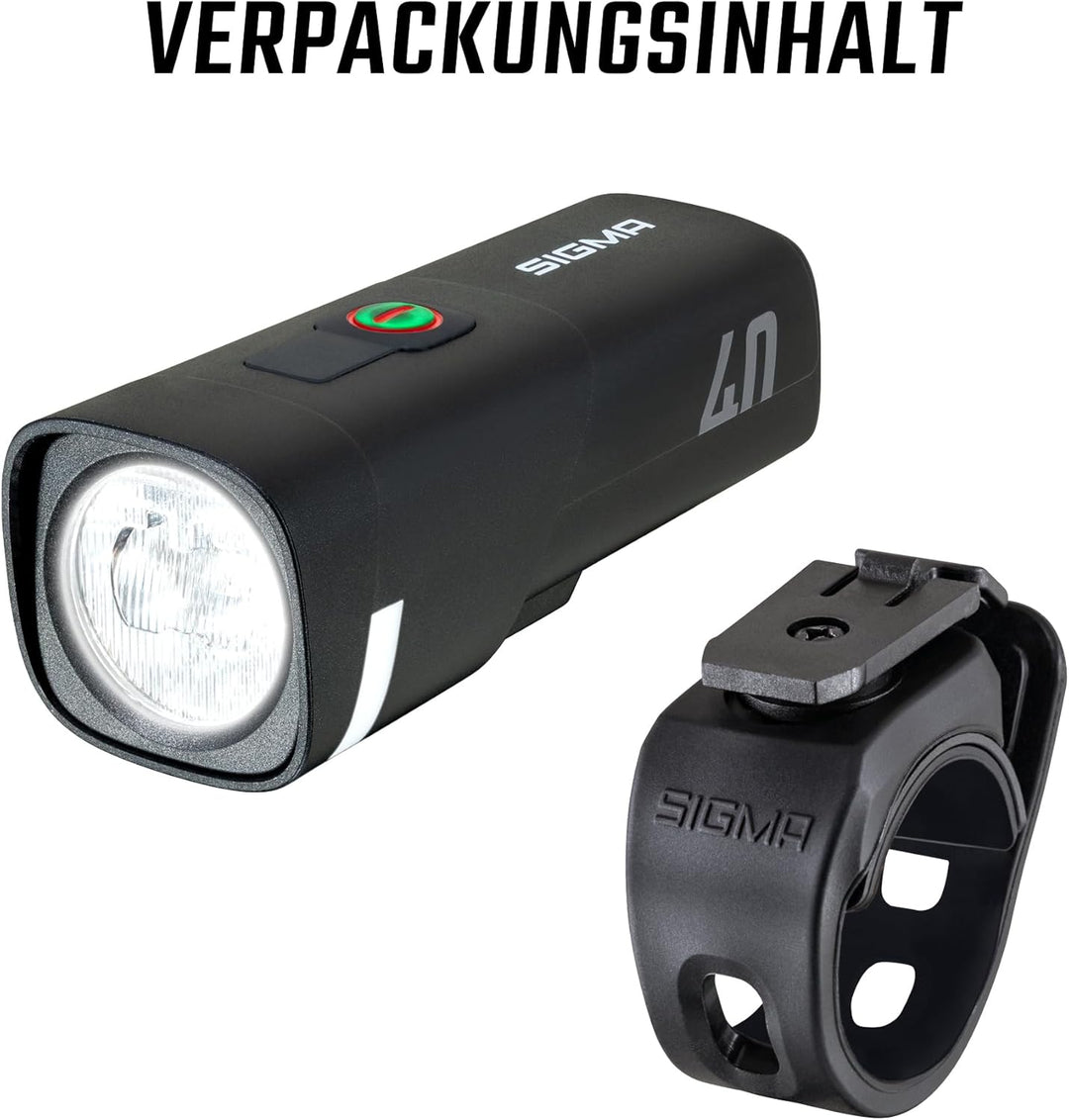 SIGMA Aura 40 | LED Fahrradlicht mit 40 LUX & USB-C | StVZO zugelassenes Vorderlicht mit 2 Leuchtmod