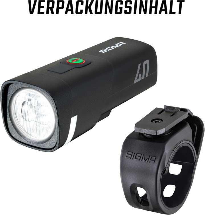 SIGMA Aura 40 | LED Fahrradlicht mit 40 LUX & USB-C | StVZO zugelassenes Vorderlicht mit 2 Leuchtmod