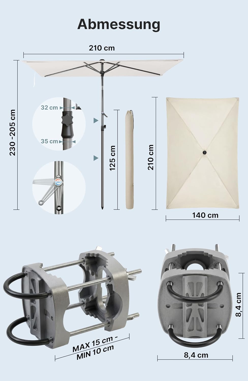 4smile SunnyShade Sonnenschirm Balkon mit Halterung im 3-er-Set, 210x140 cm,UV 50+, Beige, Balkonsch