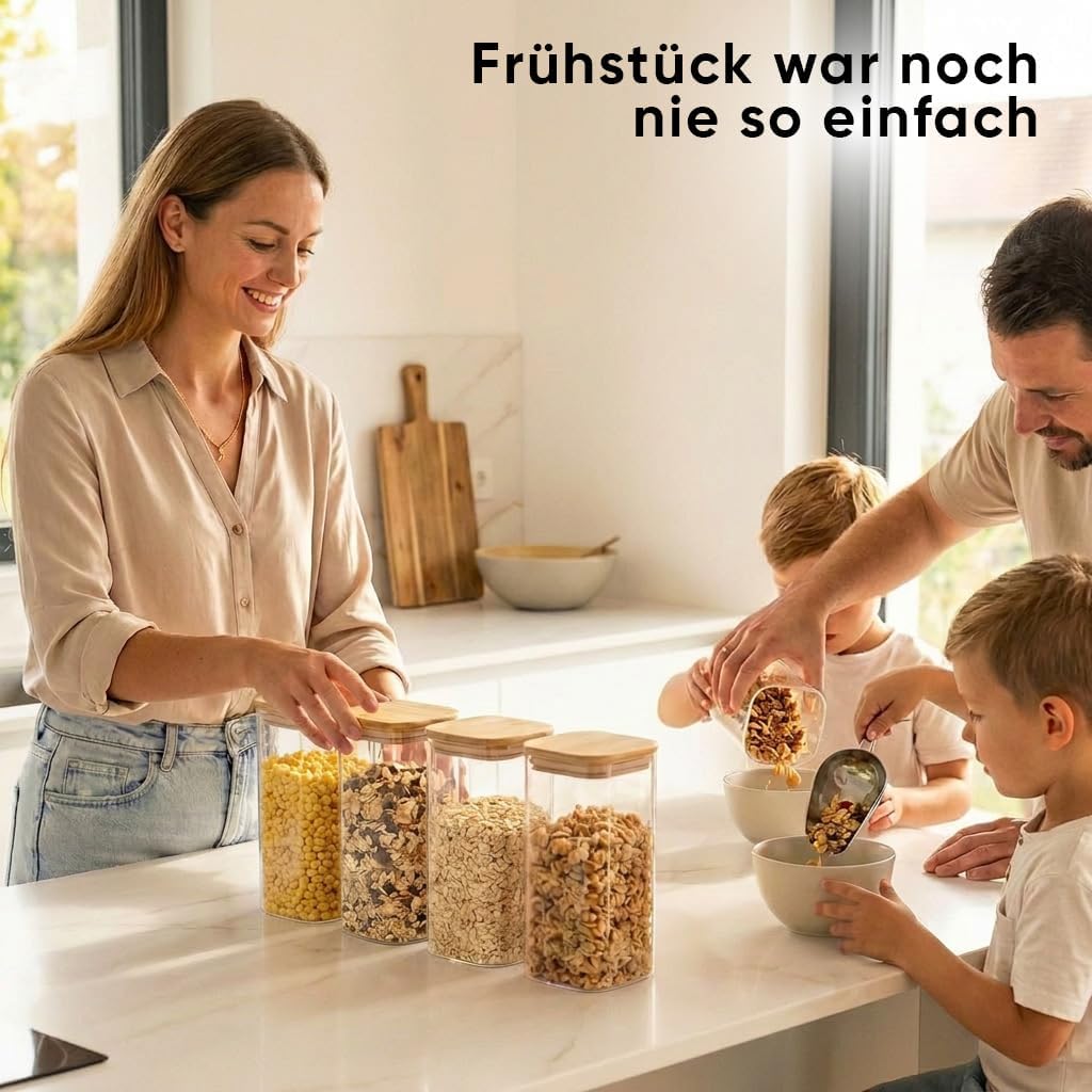 Deco haus® Vorratsgläser mit Deckel 4er Set + Etiketten [LUFTDICHT] - Für Müsli, Cornflakes, Spaghet