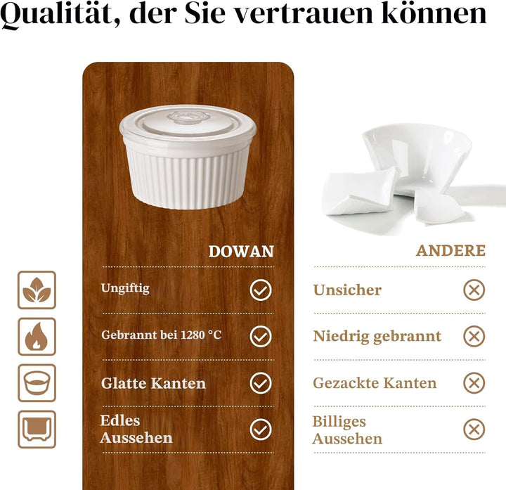DOWAN Creme Brulee Schälchen Set mit Deckel, 6 X 235 ml Antihaft Souffle Förmchen Backofenfest, Porz
