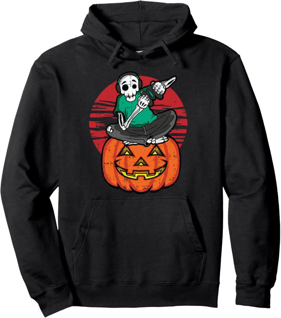 Skelett Gamer Lazy Halloween Kostüm Totenkopf Kürbis Gaming Pullover Hoodie