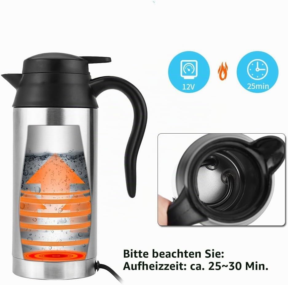 Jadeshay Auto Wasserkocher Edelstahl 12V für Auto, 750ML Reisewasserkocher mit Zigarettenanzünder, C