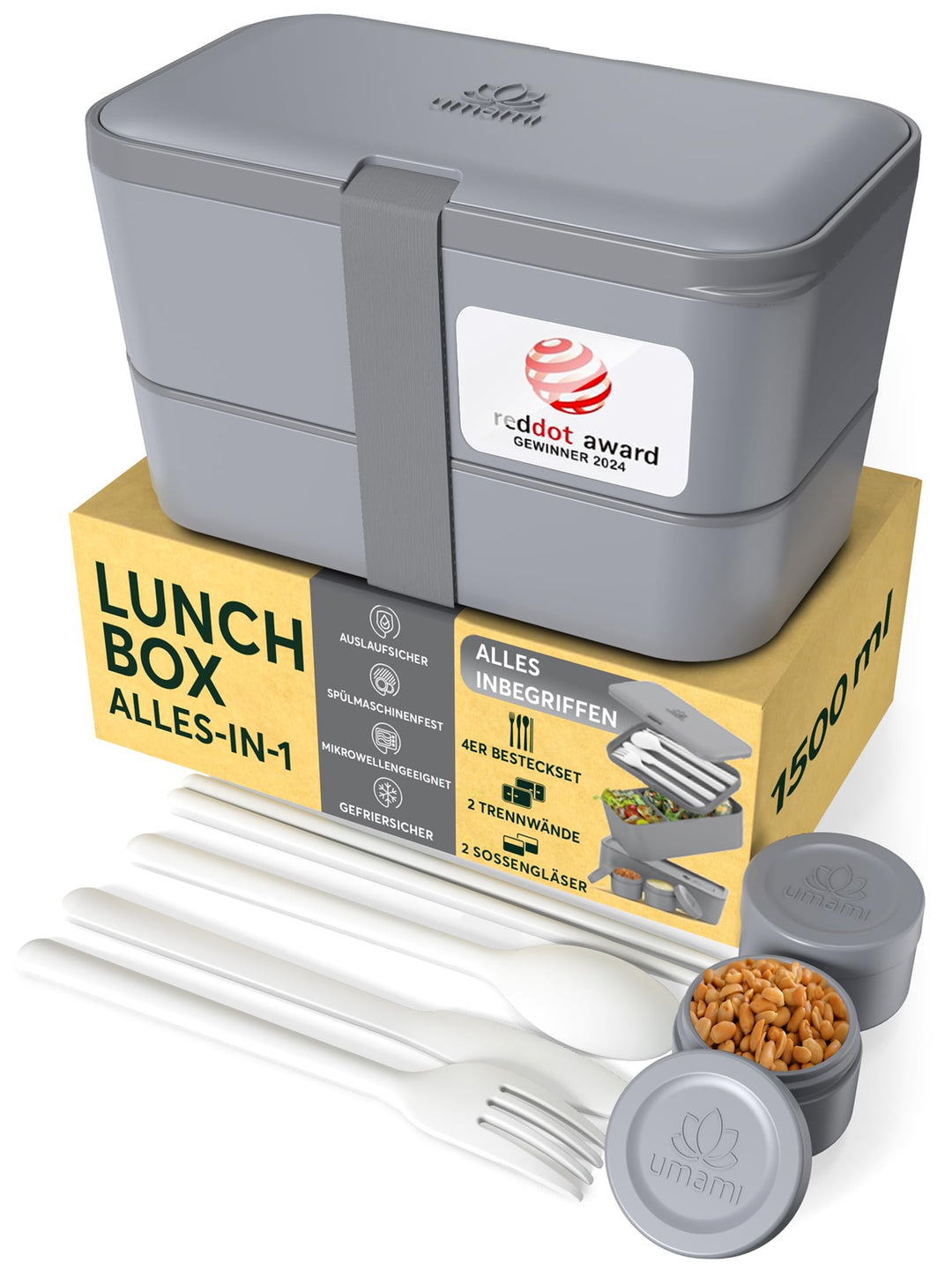 Umami Lunchbox Erwachsene, Verschachtelbar Auslaufsichere Bento Box mit 4 Bestecke & Fächern, Brotdo