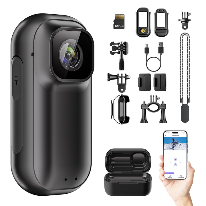 Mini-Bodycam 4K WiFi – 128 GB Action-Kamera mit 1,5-Zoll-Bildschirm | daumengrosse POV-Kamera mit La
