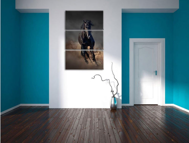 Pixxprint Elegantes schwarzes Pferd Schwarz/Weiss 3-Teiler Leinwandbild 120x80 Bild auf Leinwand