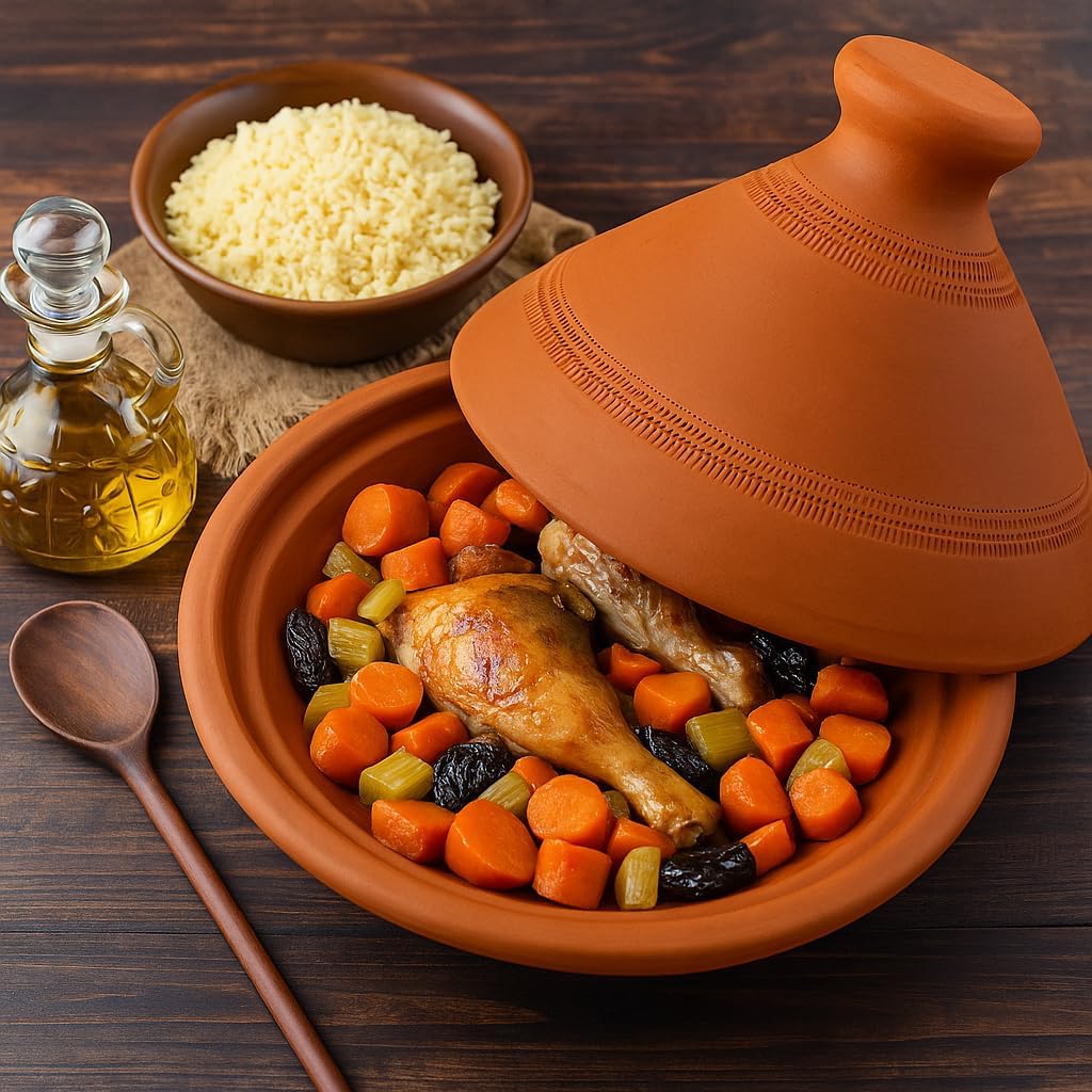 Tajine, original aus Marokko, Tontopf zum Kochen, Tuareg Ø 30cm, für 4-5 Personen, handgetöpfert aus