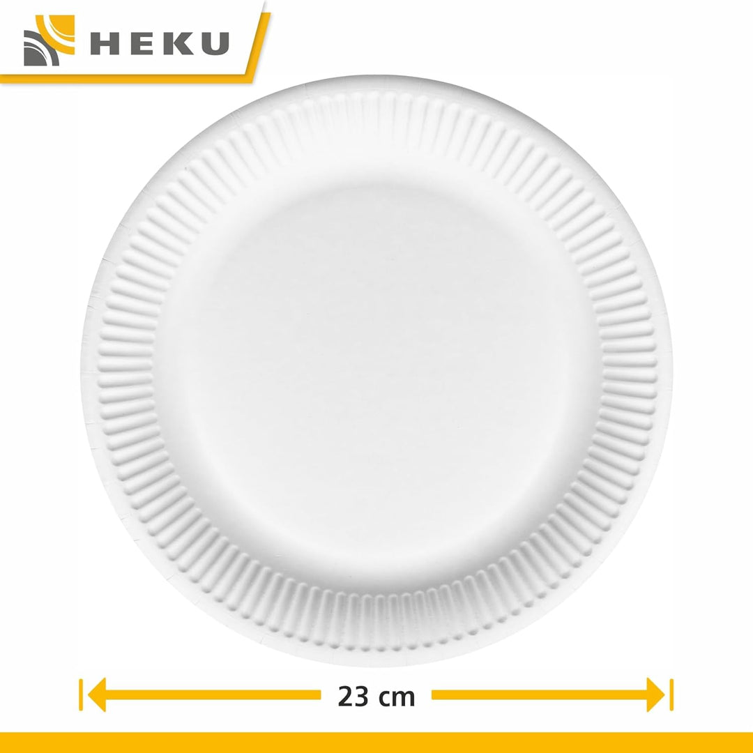 HEKU grosse Pappteller Ø 23cm, 500 Stück, weiss I 100% Kompostierbar I Robustes 220g/m² Frischfaser