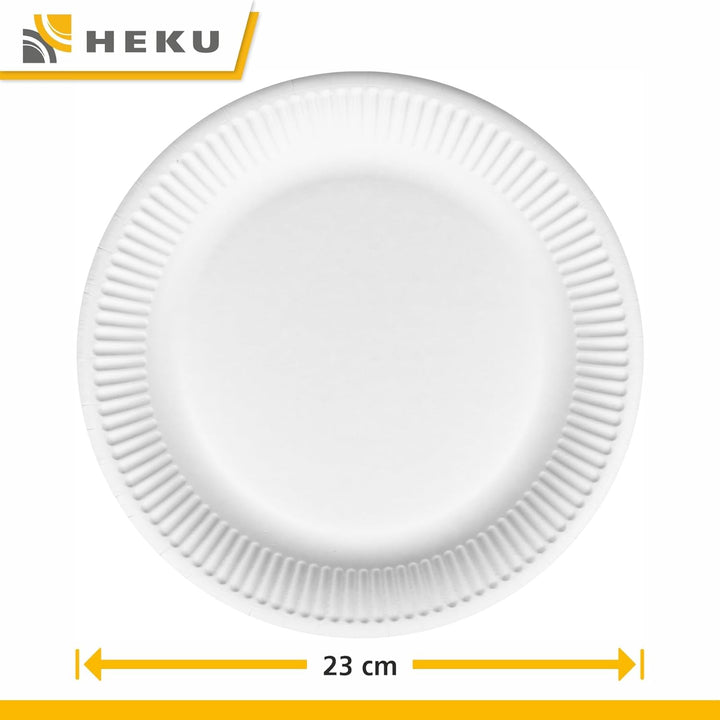 HEKU grosse Pappteller Ø 23cm, 500 Stück, weiss I 100% Kompostierbar I Robustes 220g/m² Frischfaser