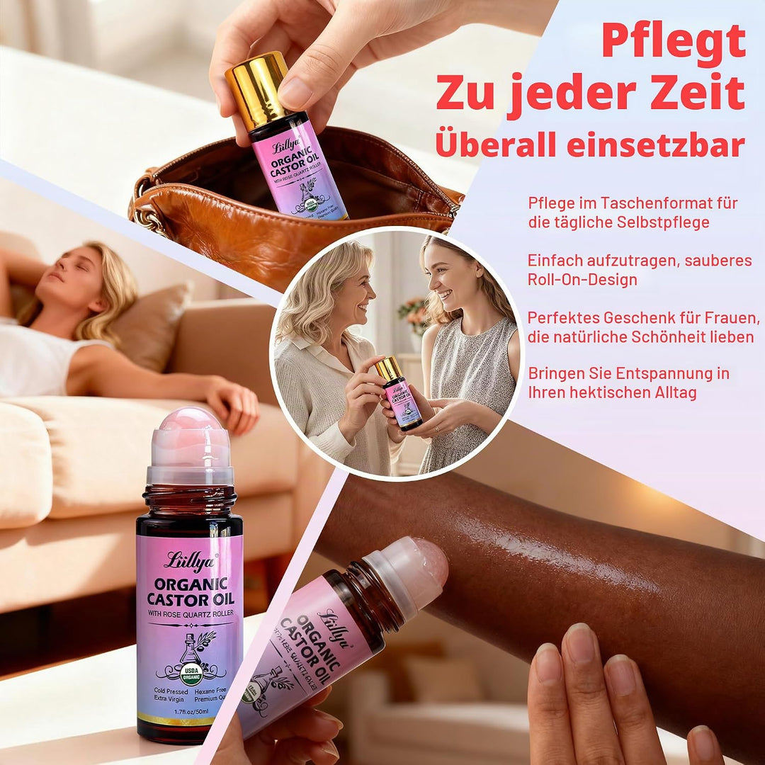 rizinusöl kaltgepresst bio Roll On mit Rosenquarz – Castor Oil Organic 100% Rein, Hexanfrei, Natürli