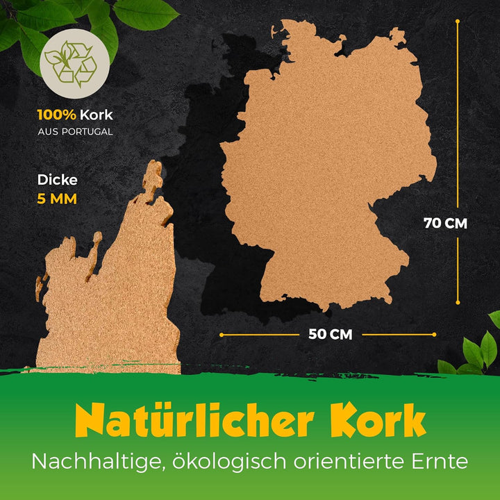 Deutschland als Pinnwand aus Kork XXL 70x50 cm | Umrisse Deutschland zum Pinnen und als Wanddeko | T