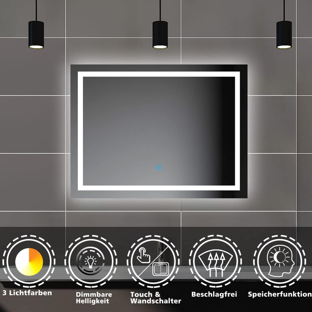 Biubiubath Badspiegel mit Beleuchtung,70x50cm LED Wandspiegel mit Wandschalter/Touch-Schalter,Beschl
