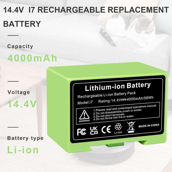 ASUNCELL Li-ion Ersatzakku für i7, 14.4V 4000mAh Akku für iRobot Roomba e und i Serie i7/i7+ i4/i4+