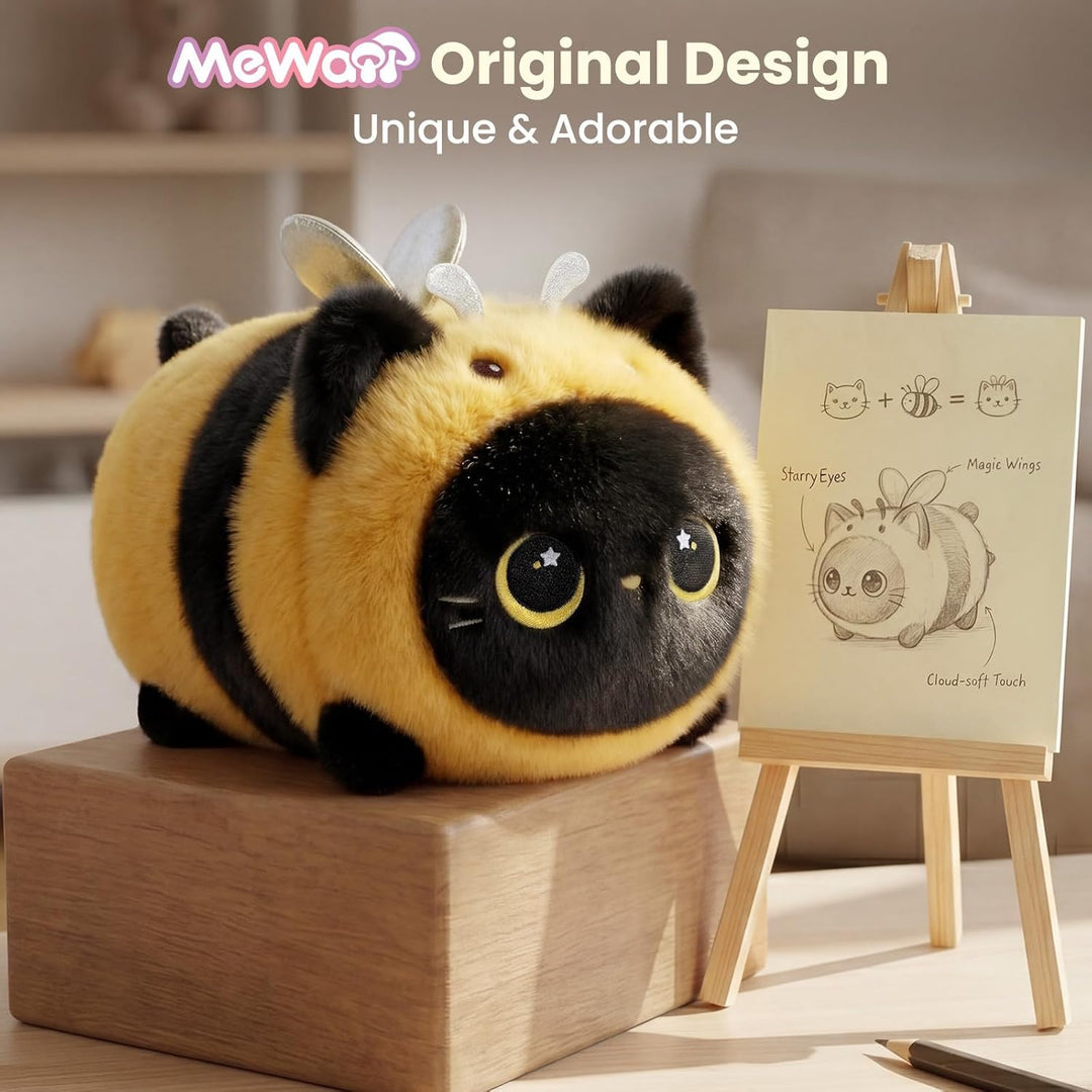 Mewaii Schwarze Katze Biene Plüschkissen 20CM Weiches Kawaii Kuscheltier für Kinder,Niedliches Katze