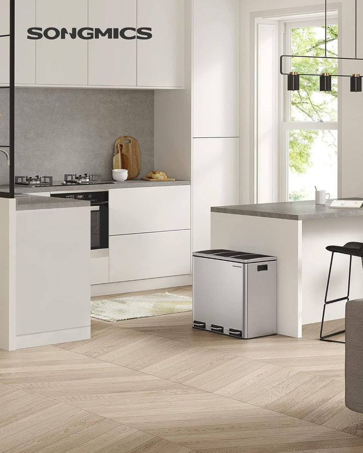 SONGMICS Mülleimer Küche, Mülltrennsystem, 3 x 18 L, Treteimer mit 3 Fächern, Abfalleimer, Softclose