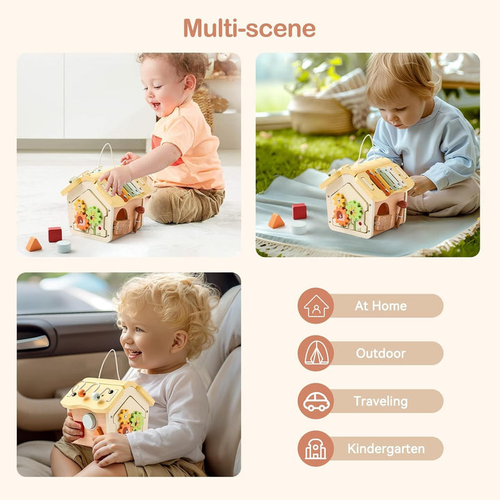 Youuys Montessori Motorikwürfel holzspielzeug Montessori Spielzeug ab 1 Jahr 10 in 1（Beige Haus） Hol