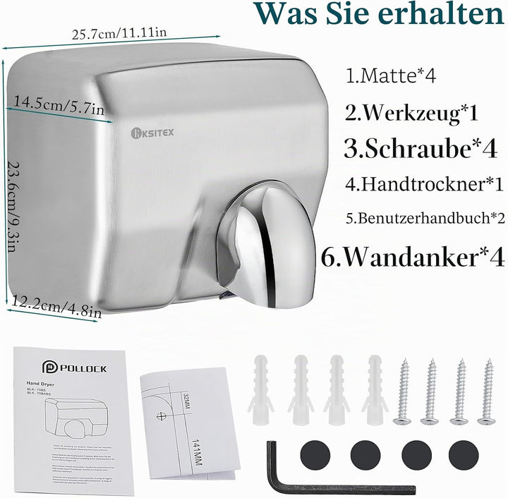 Handtrockner Kommerziell, Edelstahl – Schneller Elektrischer Händetrockner wandmontiert, 2300W, Auto