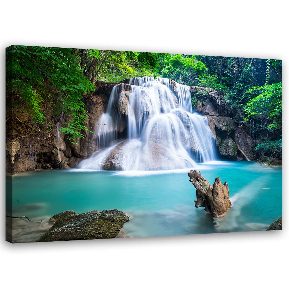 Feeby Vlies Leinwandbild Bäume Wasserfall Kaskade 90x60 cm Wand Bild Kunstdruck Deko Wohnzimmer Wohn